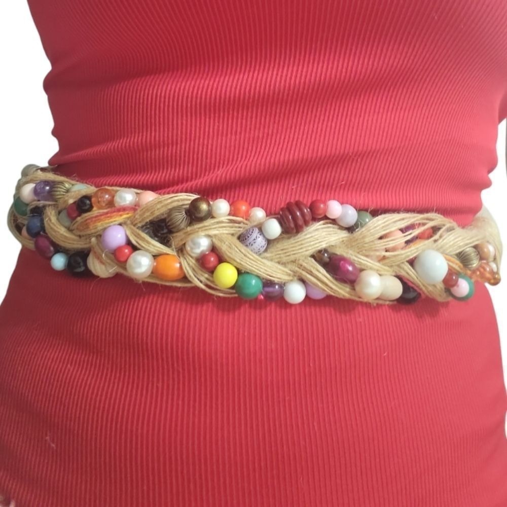 Carolyn Tanner Designs Braided Jute Bead Belt Multi Color‎ Boho Waist Belt OS